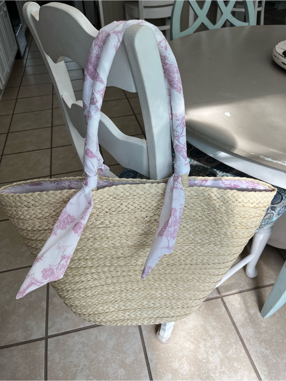 Woven Straw Tote Bag with Pink Scarf Handles